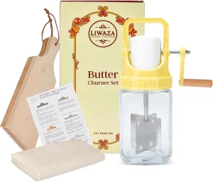 Butter Churner Kit – 1.5L Glass Jar Hand Crank Butter Churn – DIY Butter Maker with Cheesecloth, 2 Wooden Spatulas & Recipe Guide – Make delicious Homemade Butter in Just 10 Minutes