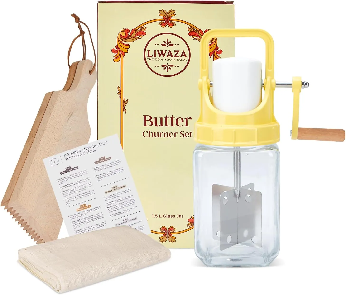 Butter Churner Kit – 1.5L Glass Jar Hand Crank Butter Churn – DIY Butter Maker with Cheesecloth, 2 Wooden Spatulas & Recipe Guide – Make delicious Homemade Butter in Just 10 Minutes