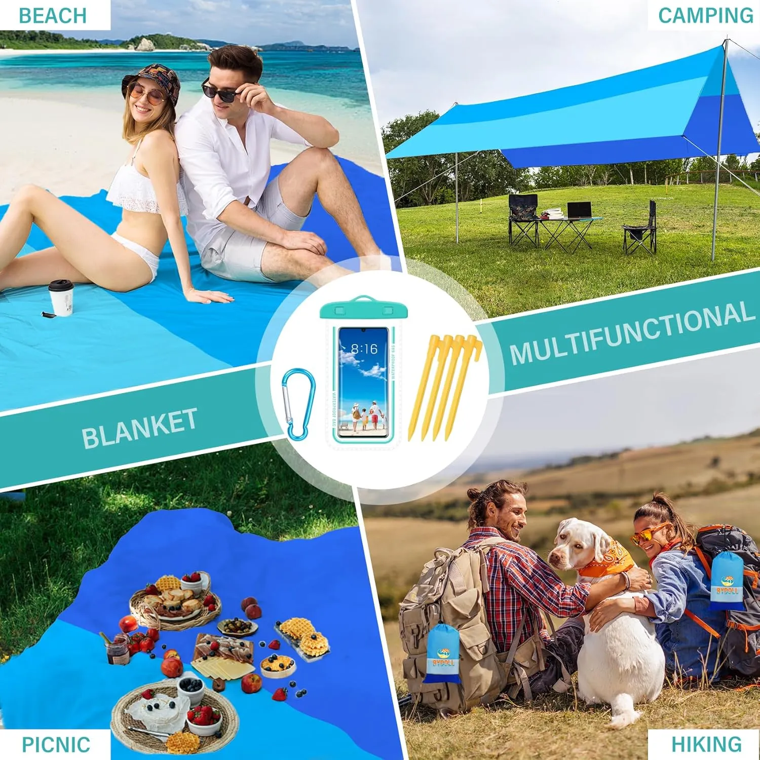 BYDOLL Beach Blanket Waterproof Sandproof 78''×110'' Suits1-7 Adults Compact Lightweight Oversized Sand-Free Blanket Large Picnic Mat for Beach Travel Camping Hiking