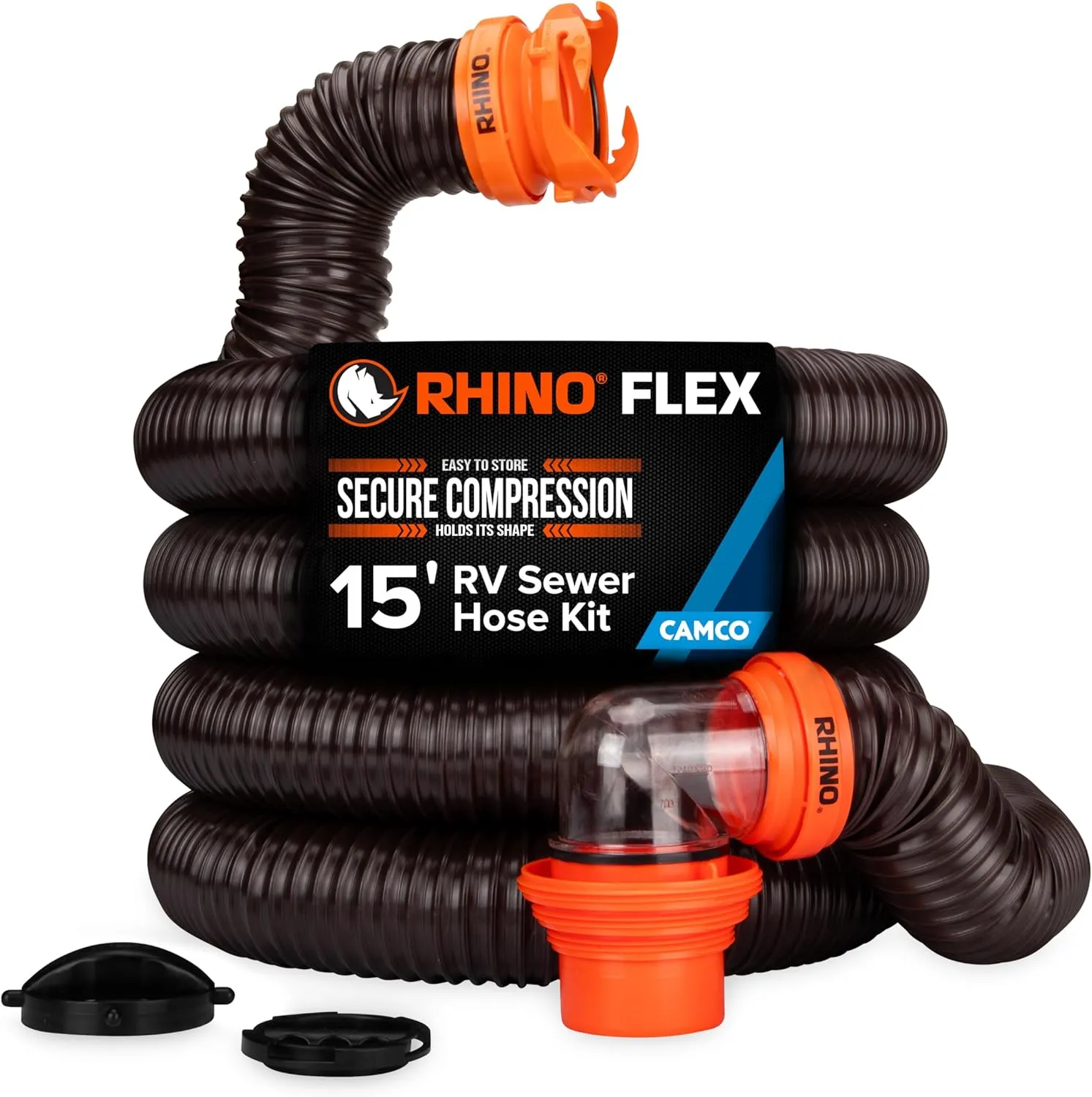 Camco RhinoFLEX 15' RV Sewer Hose Kit — Includes 4-in-1 Adapter, Clear Elbow, & Caps — Connects to 3″ Slip & 3″, 3 1/2″, 4″ NPT Threaded Sewer Connections (39770)