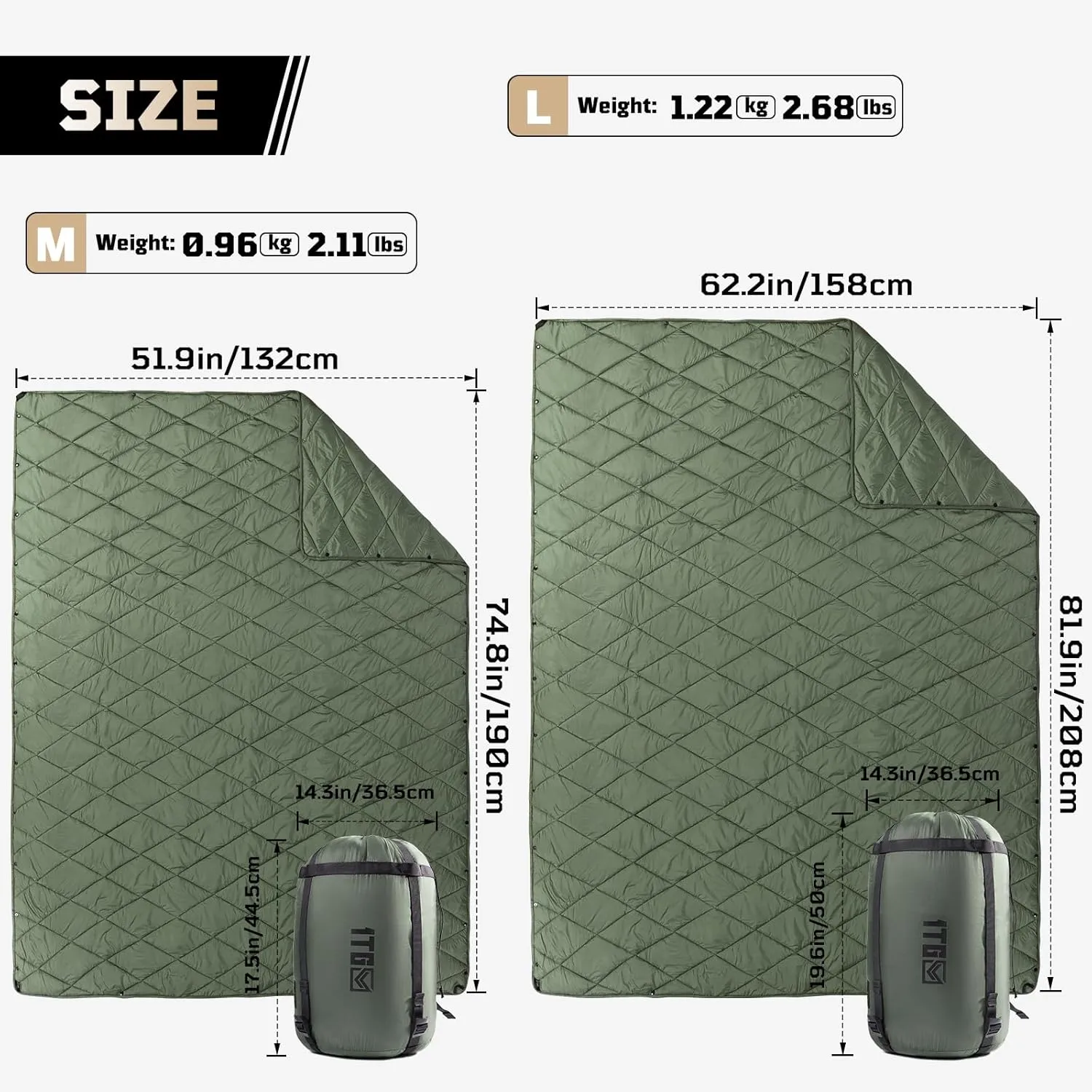 Camping Blanket - Packable, Ultra Warm and Lightweight with Snap Button Backpacking Quilt, for Sleeping, Outdoors, Travel, and Indoor Use - Olive Green