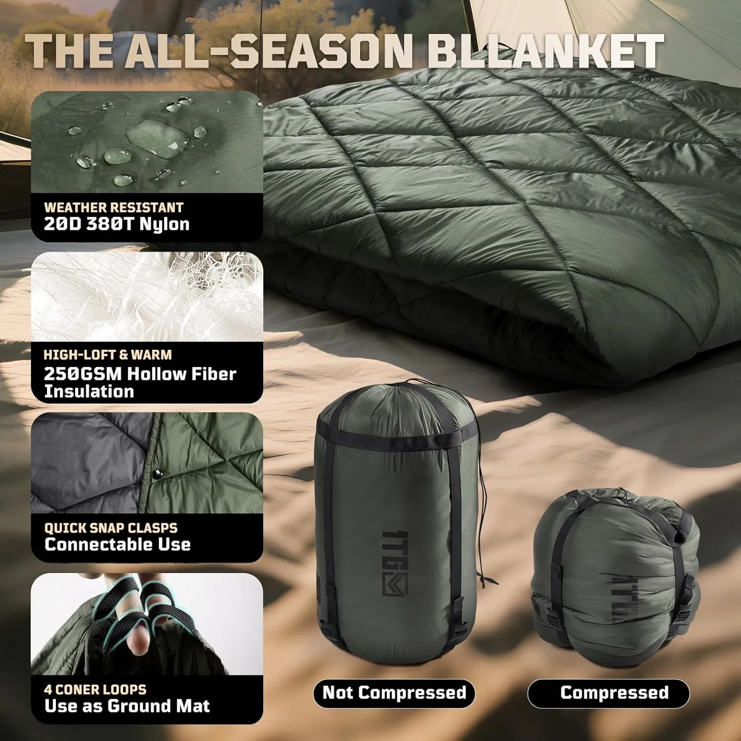 Camping Blanket - Packable, Ultra Warm and Lightweight with Snap Button Backpacking Quilt, for Sleeping, Outdoors, Travel, and Indoor Use - Olive Green