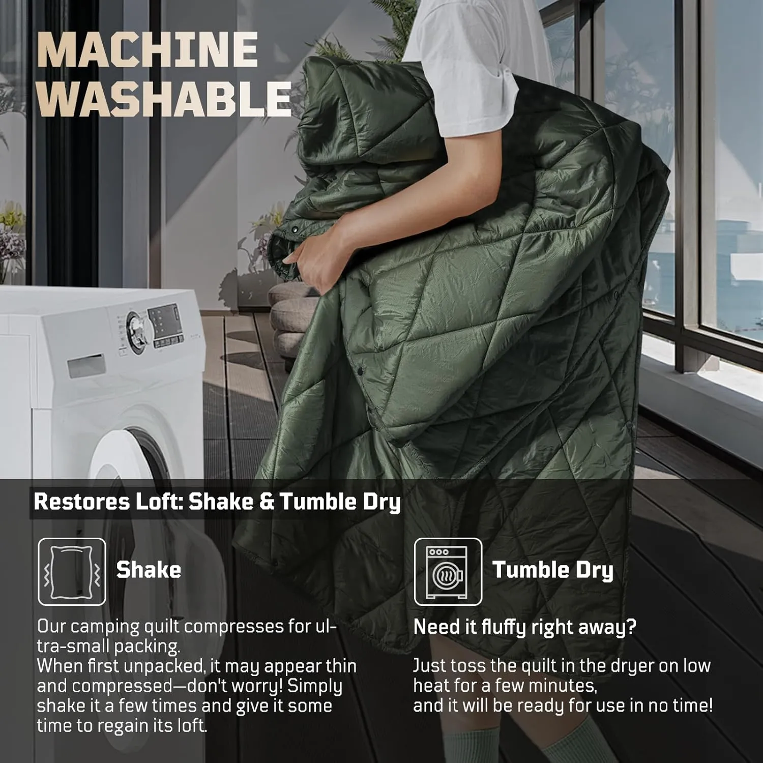 Camping Blanket - Packable, Ultra Warm and Lightweight with Snap Button Backpacking Quilt, for Sleeping, Outdoors, Travel, and Indoor Use - Olive Green