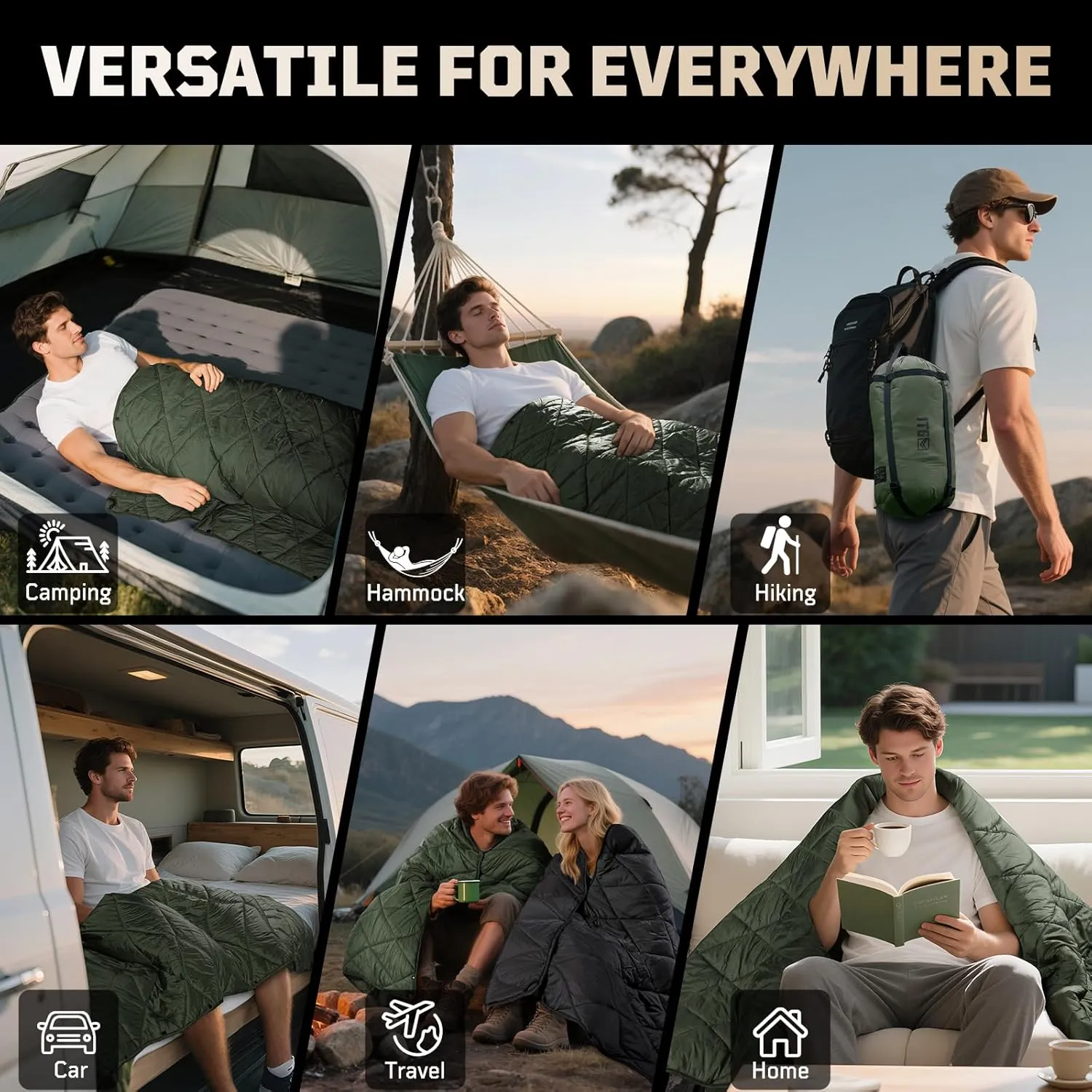 Camping Blanket - Packable, Ultra Warm and Lightweight with Snap Button Backpacking Quilt, for Sleeping, Outdoors, Travel, and Indoor Use - Olive Green