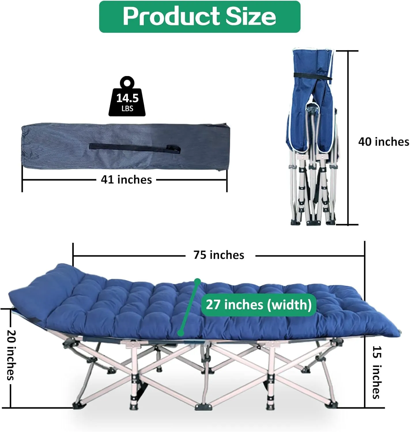 Camping Cot Cots for Sleeping with Mattress Cots for Camping for Adults with Camfortable Pad Heavy Duty Camping Bed with Carry Bag Folding Cot for Hiking Home Office Nap and Vacation