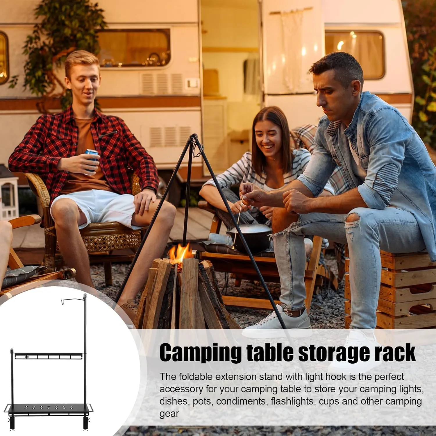 Camping Foldable Storage Rack, Collapsible Camping Table with Lantern Stand, Portable Collapsible Wood Storage Rack, Outdoor Shelving Organizers, Camping, Picnic, BBQ (18.1 x 5.9 x 30.3in)