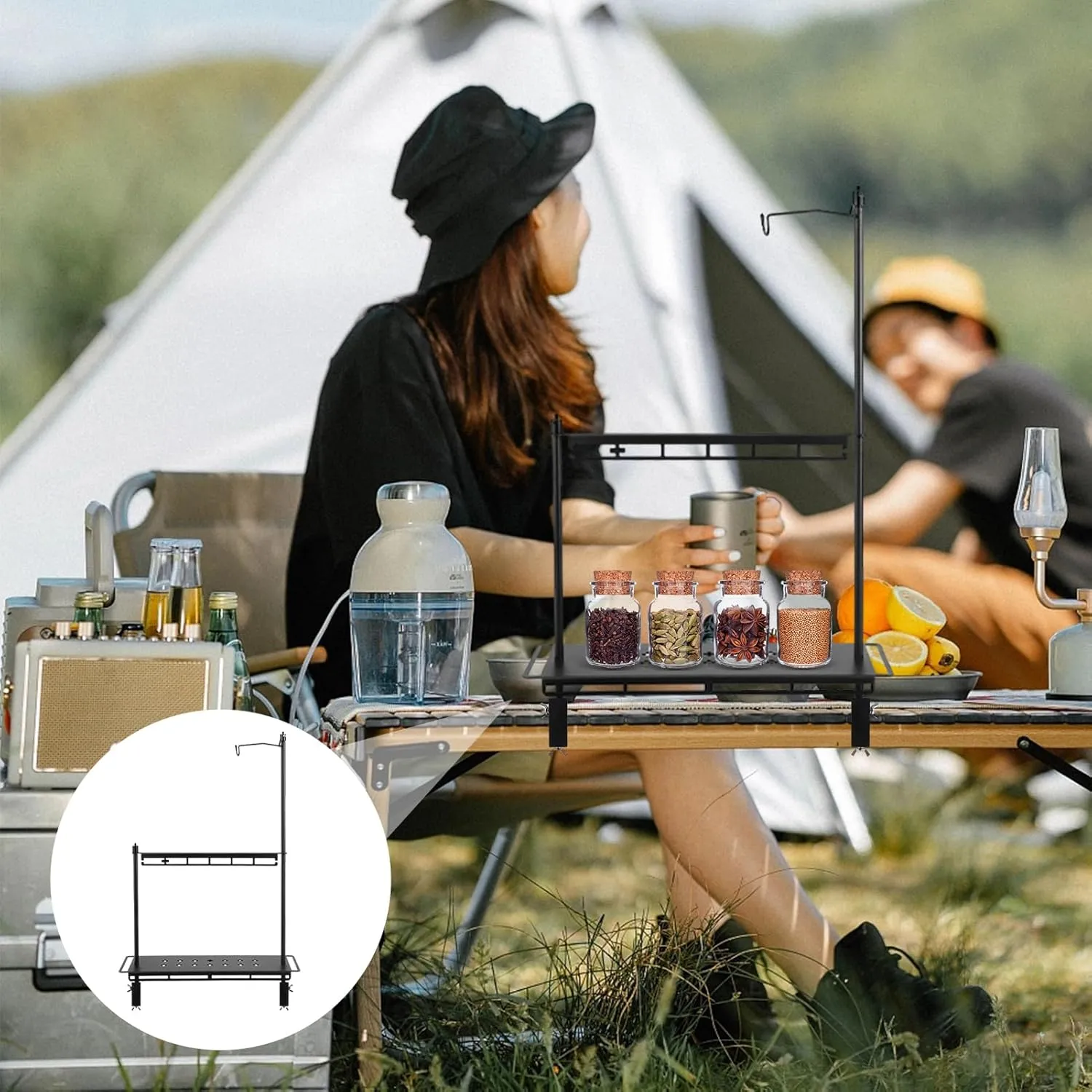 Camping Foldable Storage Rack, Collapsible Camping Table with Lantern Stand, Portable Collapsible Wood Storage Rack, Outdoor Shelving Organizers, Camping, Picnic, BBQ (18.1 x 5.9 x 30.3in)