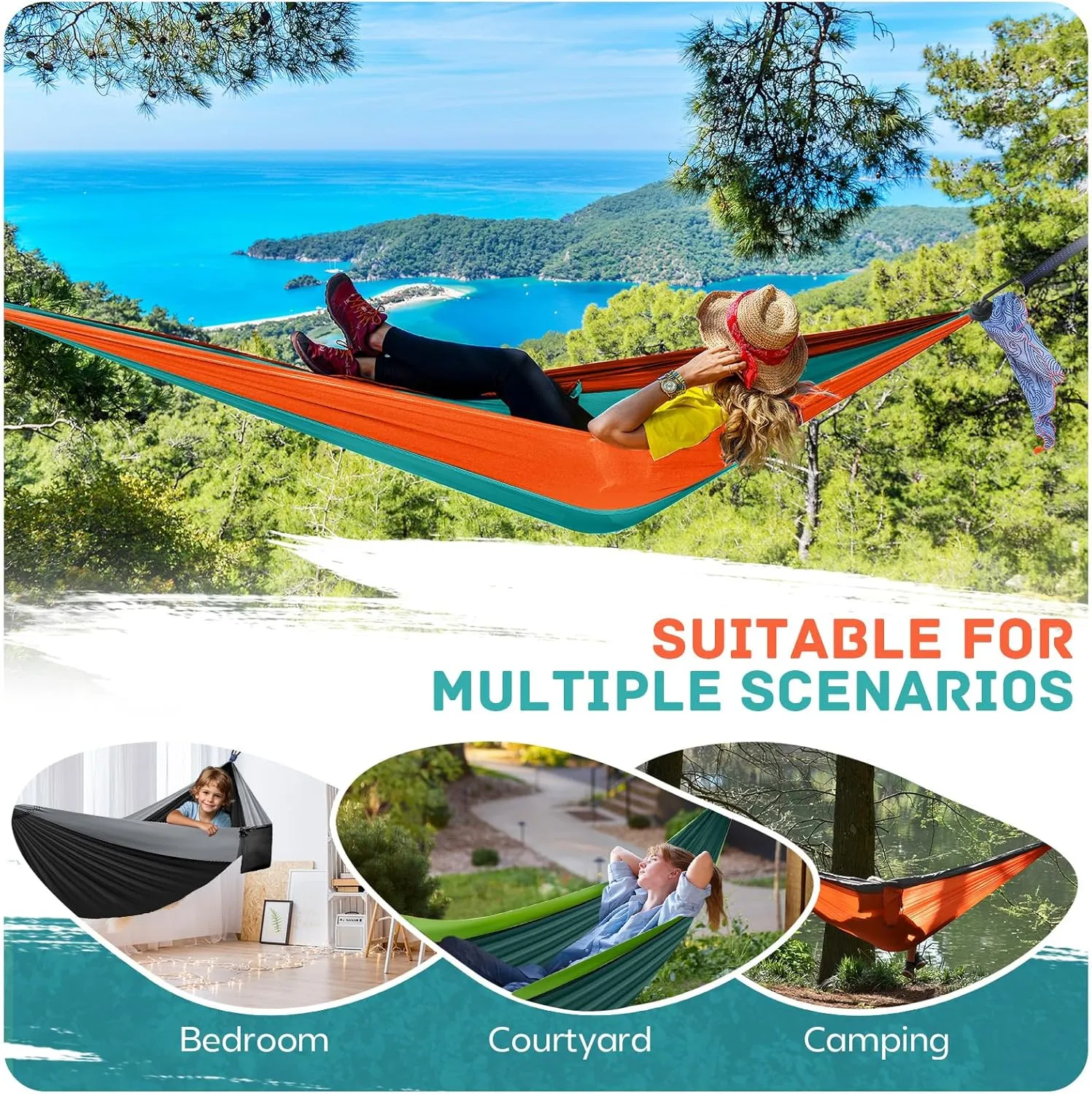 Camping Hammock Lightweight, Portable Hammocks Parachute Hammock with Two Tree Straps, Single or Double Travel Swing Nylon Camp Hammocks, Outdoor Essentials for Beach Backpacking Hiking, Orange