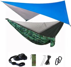 Camping Hammock Mosquito net and Hammock Canopy Portable Nylon Hammock rain Fly Tree Belt Hiking Camping Survival Travel BlueandCamouf