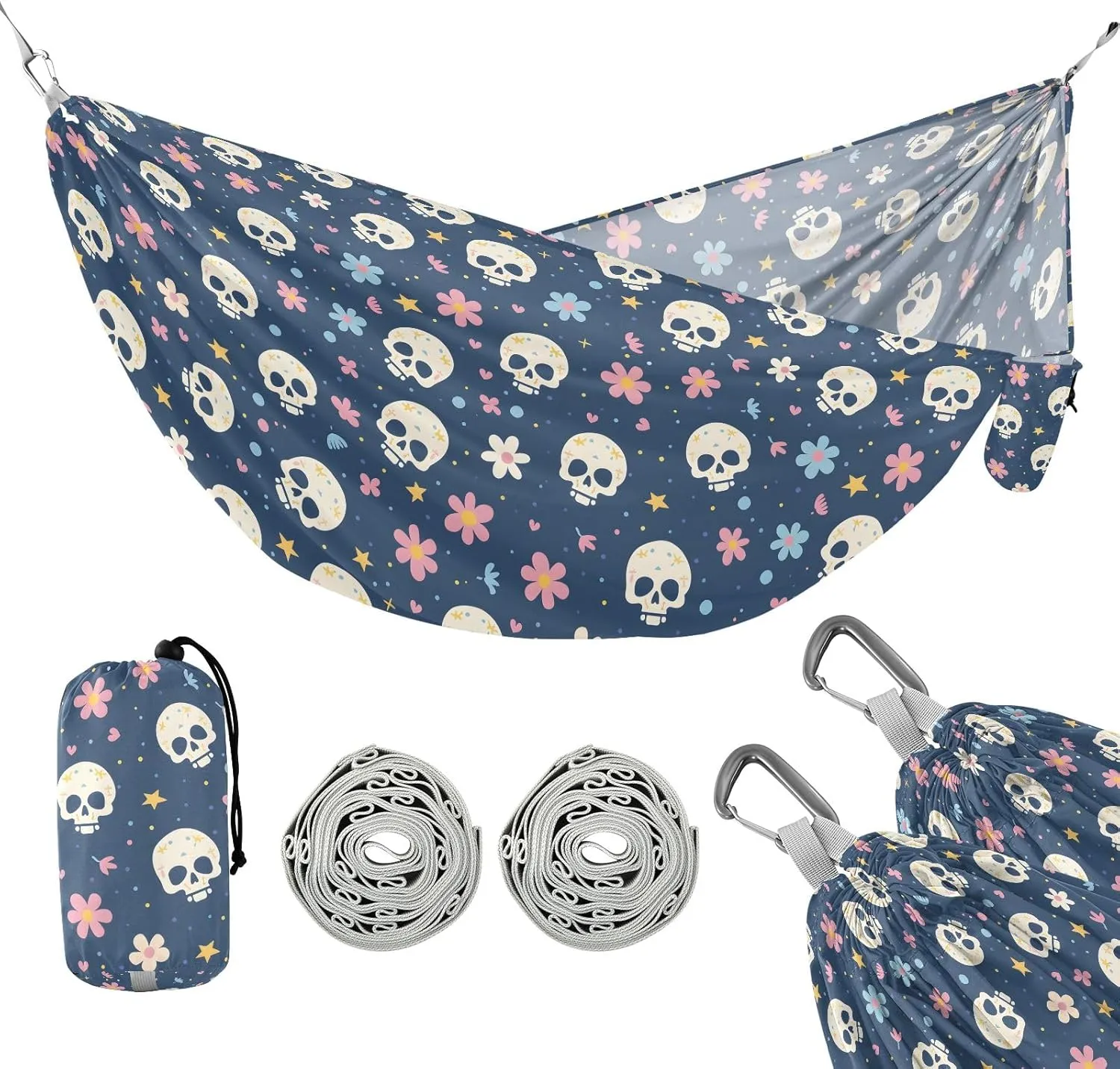 Camping Hammock Outdoor Hammocks for Outside Skull Flower Cute Beach Trees Portable Lightweight with Pockets Tree Straps Indoor