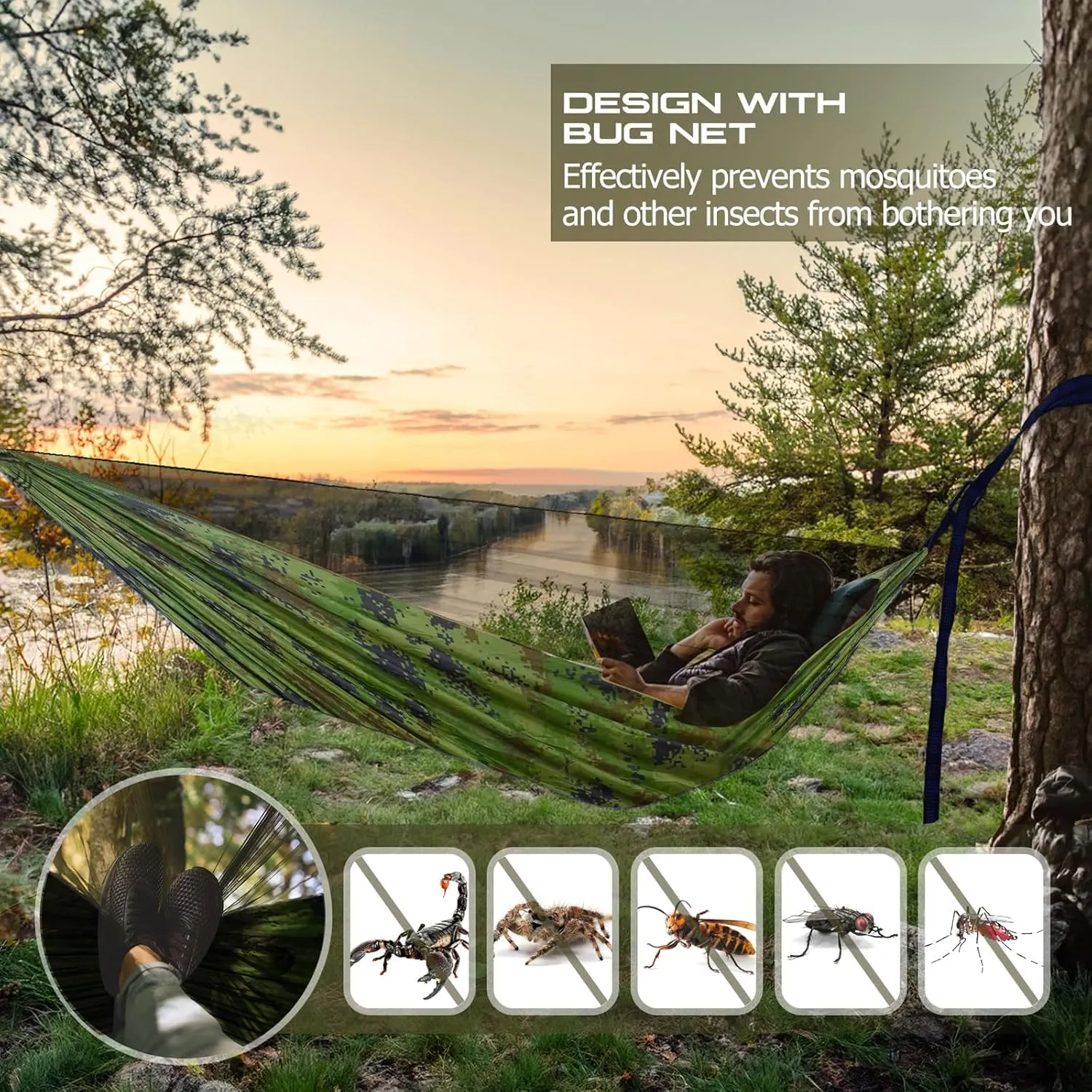 Camping Hammock, Portable Hammocks with Mosquito Net,Lightweight Nylon Parachute Hammock with 10ft Tree Straps,Camping Gear Must Haves for Travel,Hiking,Backpacking,Beach,Patio-Plaid Camouflage