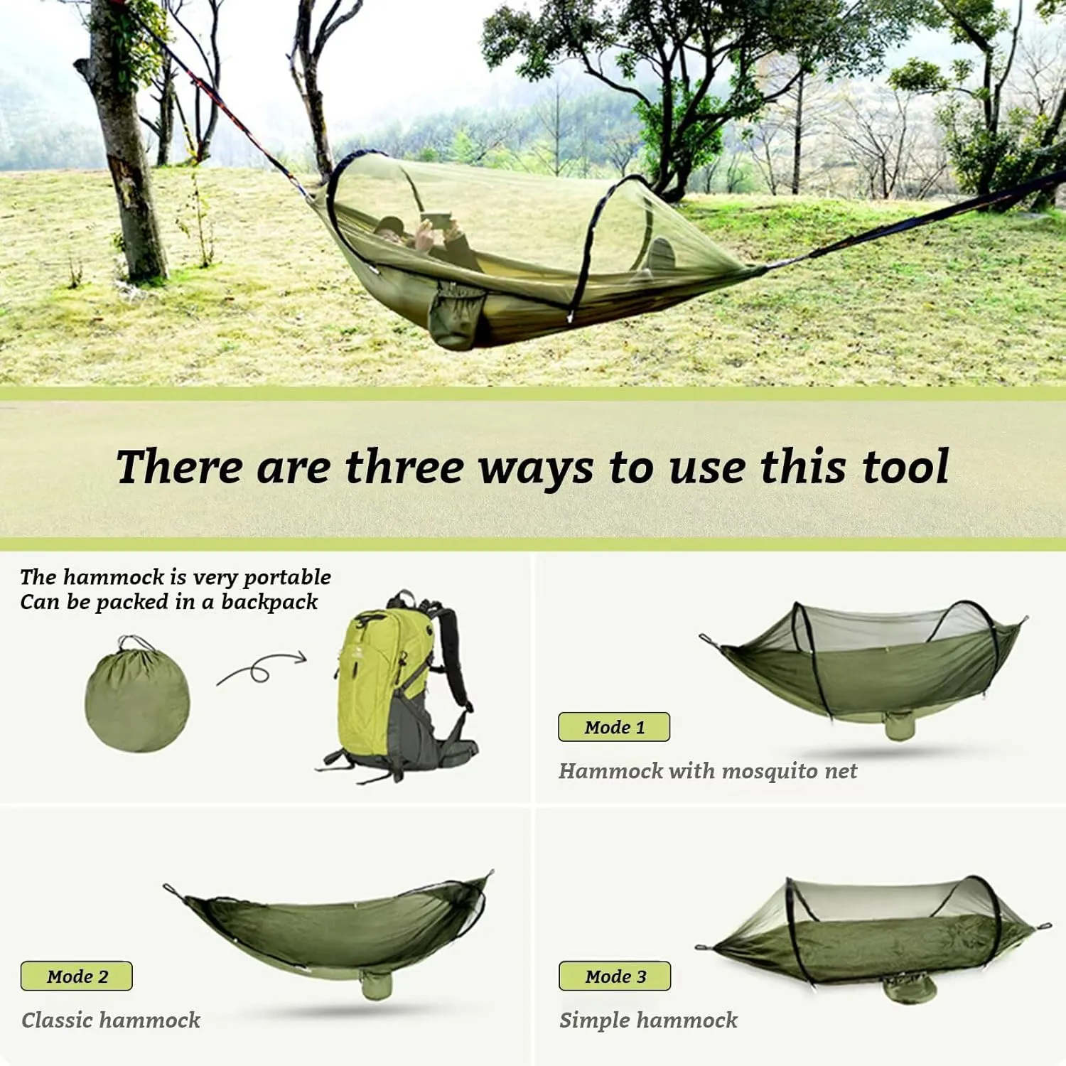 Camping Hammock, Portable Hiking and Camping Hammock with Straps, 3 in 1 Waterproof Lightweight Portable Sleeping Hammock, Travel Outdoor Gear with Tree Strap Swing for Camping Hiking Beach
