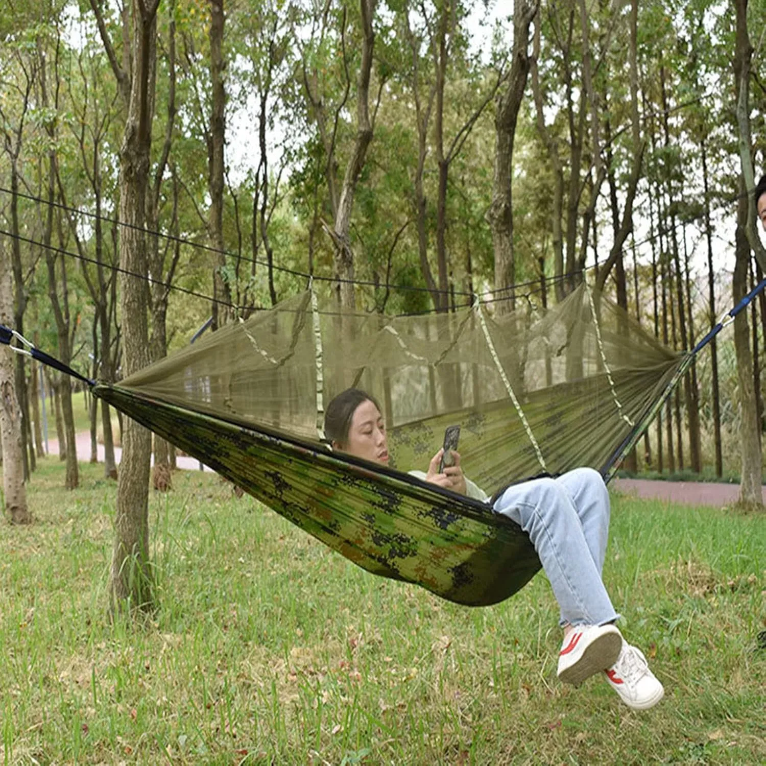 Camping Hammock, Single & Double Camping Hammock with Mosquito Net, Portable Nylon Hammock, for Outdoor Backpacking, Camping, Adventure, Hiking (Green1)