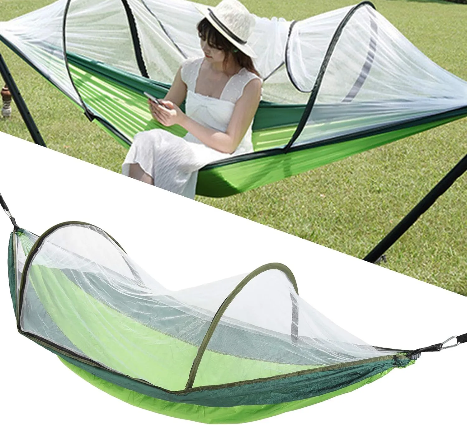 Camping Hammock, Single Person Super Light Automatic Quick Opening Removable Lightweight Hanging Hammock Tree Straps Swing Hammock Bed with Mosquitos Net, Portable Hammocks for Outdoor