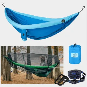 Camping Hammock with Mosquito Net, Portable Double Hammock Tent with Anti-Rollover Inflatable Armrest, 2 Person Hanging Hammocks Tree Straps, Max 500lbs, Blue
