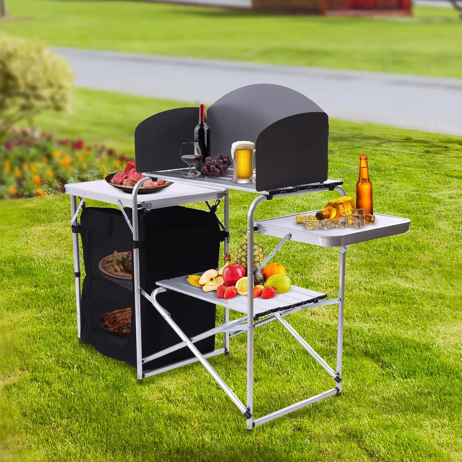 Camping Kitchen Station, 57.48 in Folding Grill Table with Storage Cupboard, Side Tables, Detachable Windscreen, for Outdoor Prep Station Backyard BBQ Picnic, Black