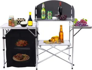 Camping Kitchen Table, Folding Camping Kitchen Station with 26In Tabletop, Detachable, Camp Cook Station, Windscreen, Folding Grill Table for BBQ Picnic Backyard Beach RV(Black)