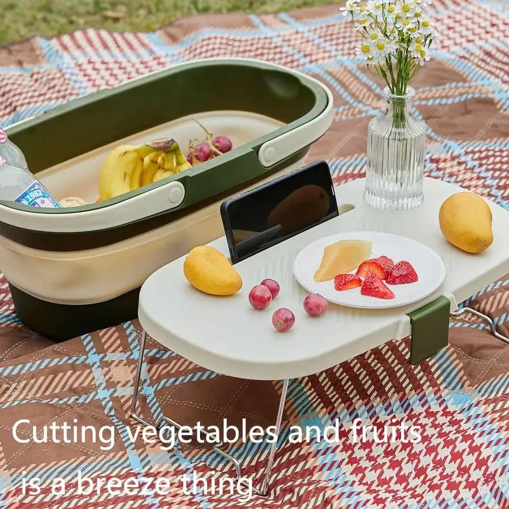 Camping Outdoor Collapsible Picnic Tableware Basket with Lid Table Plastic Storage Bins Portable Foldable Storage Basket 25L Large Capacity Car Trunk Organizer (Dark Coffee Dark Green)