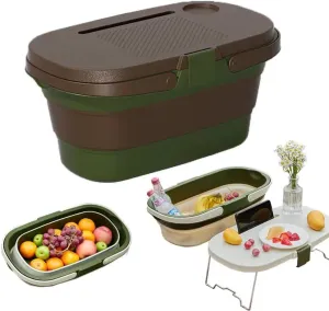 Camping Outdoor Collapsible Picnic Tableware Basket with Lid Table Plastic Storage Bins Portable Foldable Storage Basket 25L Large Capacity Car Trunk Organizer (Dark Coffee Dark Green)