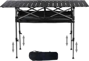 Camping Table,Folding Portable Adjustable Height Aluminum Roll-up Table with Large Storage Organizer and Carrying Bag for Picnic,Camping,BBQ,Party,Backyard,Beach 47‘’ (L) x22‘’ (W)