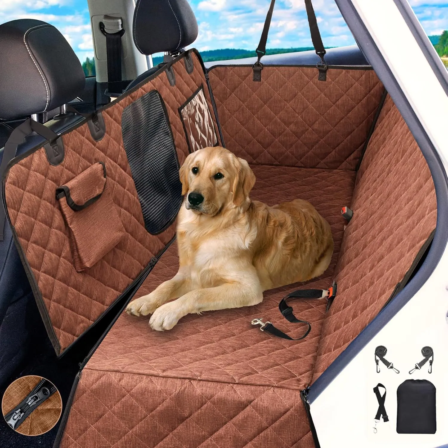 Car Dog Hammock - Waterproof Seat Cover With Mesh Window and Big Pocket for Back Seat - Nonslip Rubber Back, Washable Luxury Material for Car/SUV