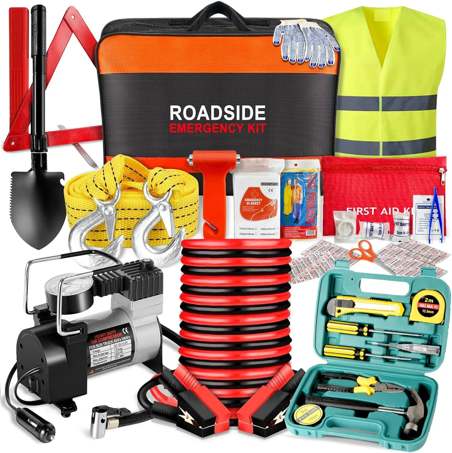 Car Emergency Kit with Air Compressor,Roadside Emergency Car Kit for Vehicles Auto Truck with Jumper Cables,Winter Car Safety Kit with Folding Shovel Car Repair Tool Set First Aid Kit Blanket Tow Rope