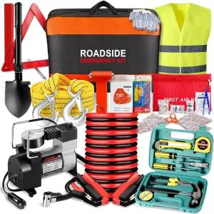 Car Emergency Kit with Air Compressor,Roadside Emergency Car Kit for Vehicles Auto Truck with Jumper Cables,Winter Car Safety Kit with Folding Shovel Car Repair Tool Set First Aid Kit Blanket Tow Rope