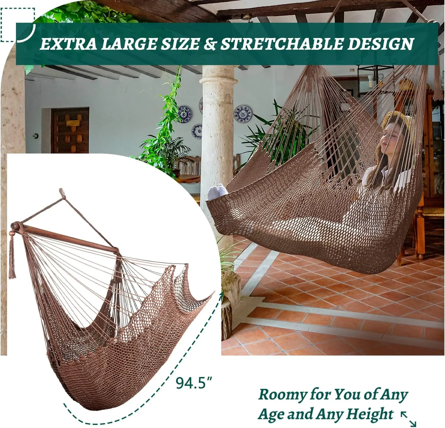 Caribbean Hammock Swing Chair with Spreader Bar, Large Hammock Chair, Hand Craft Rope Hanging Chair Outdoor, Indoor, Bedroom, 330 LBS Weight Capacity, Dark Brown