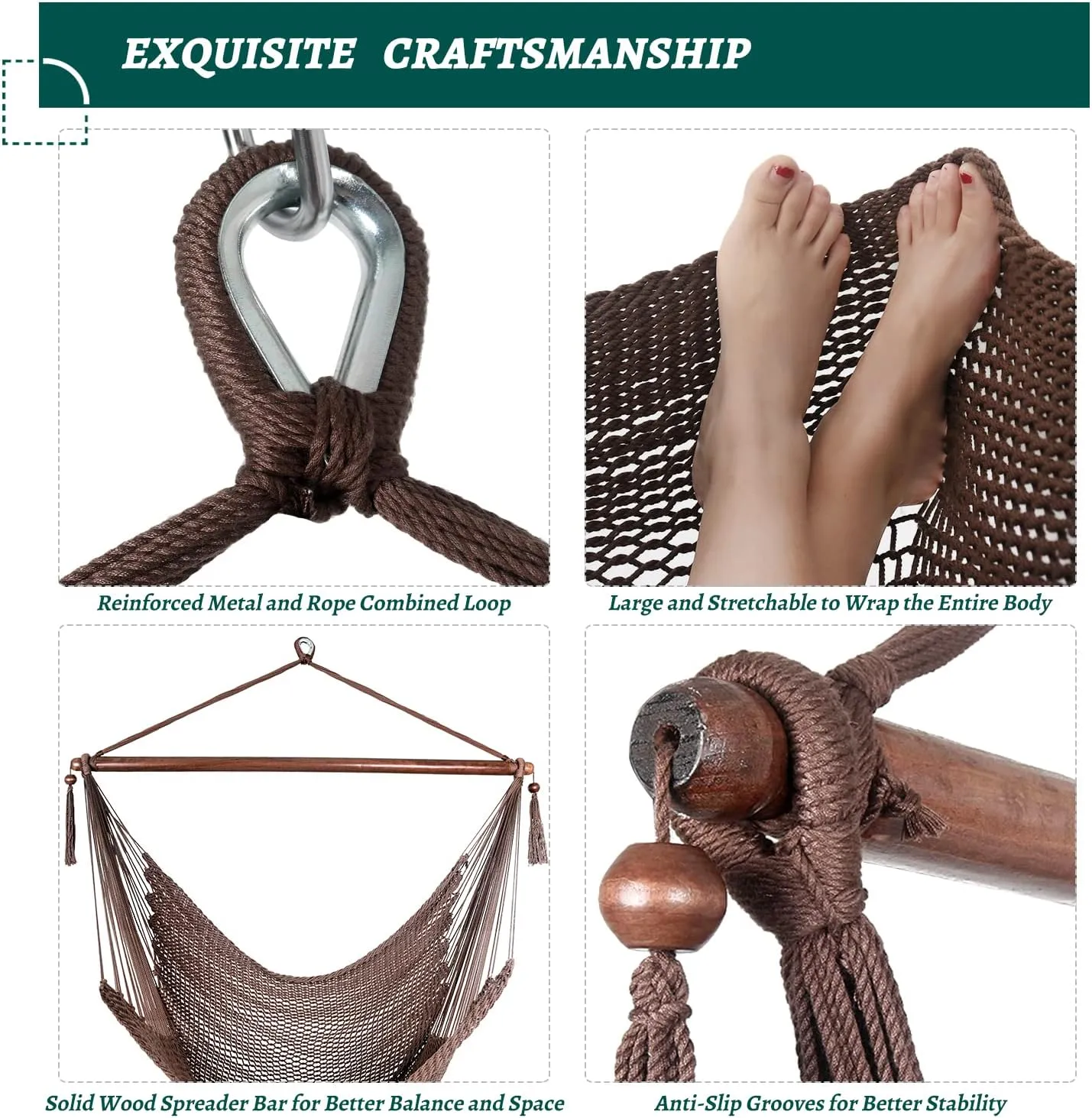 Caribbean Hammock Swing Chair with Spreader Bar, Large Hammock Chair, Hand Craft Rope Hanging Chair Outdoor, Indoor, Bedroom, 330 LBS Weight Capacity, Dark Brown