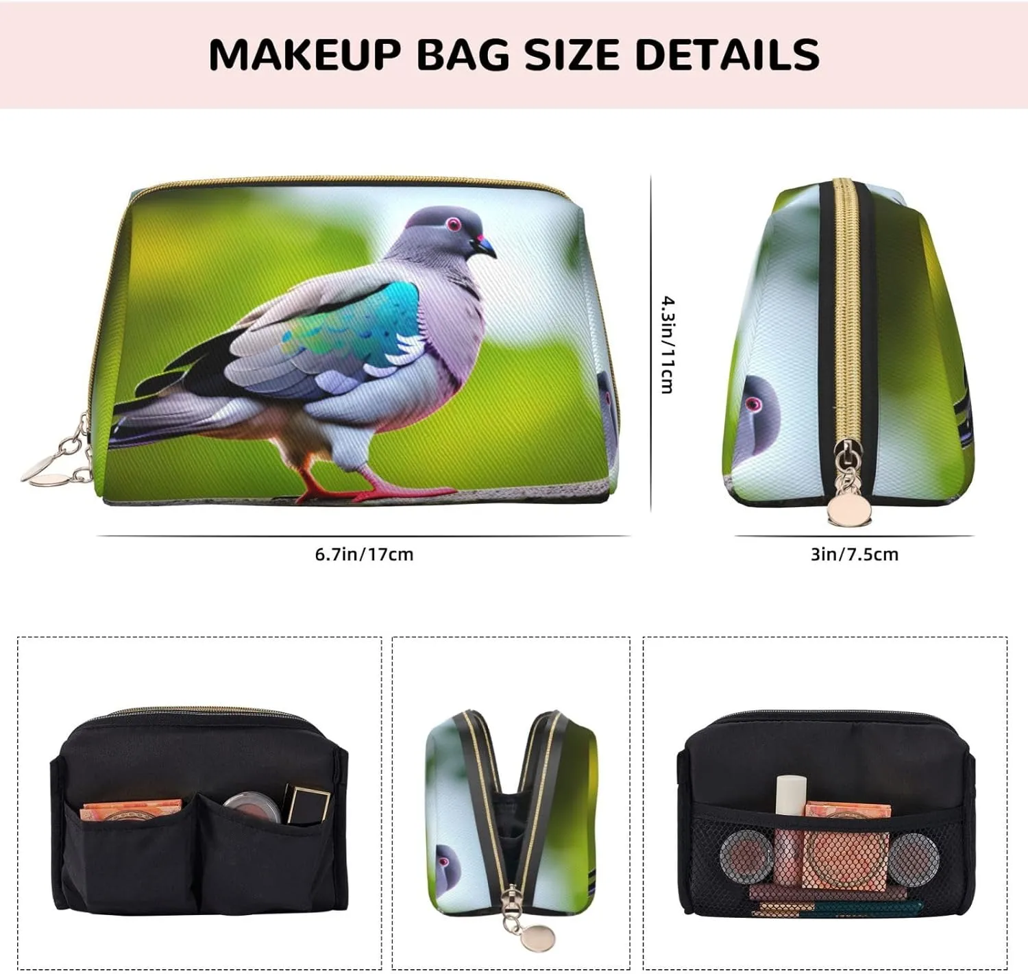 Cartoon Pigeon 3 Leather Toiletry Travel Bag, Compact Makeup Organizer For Women