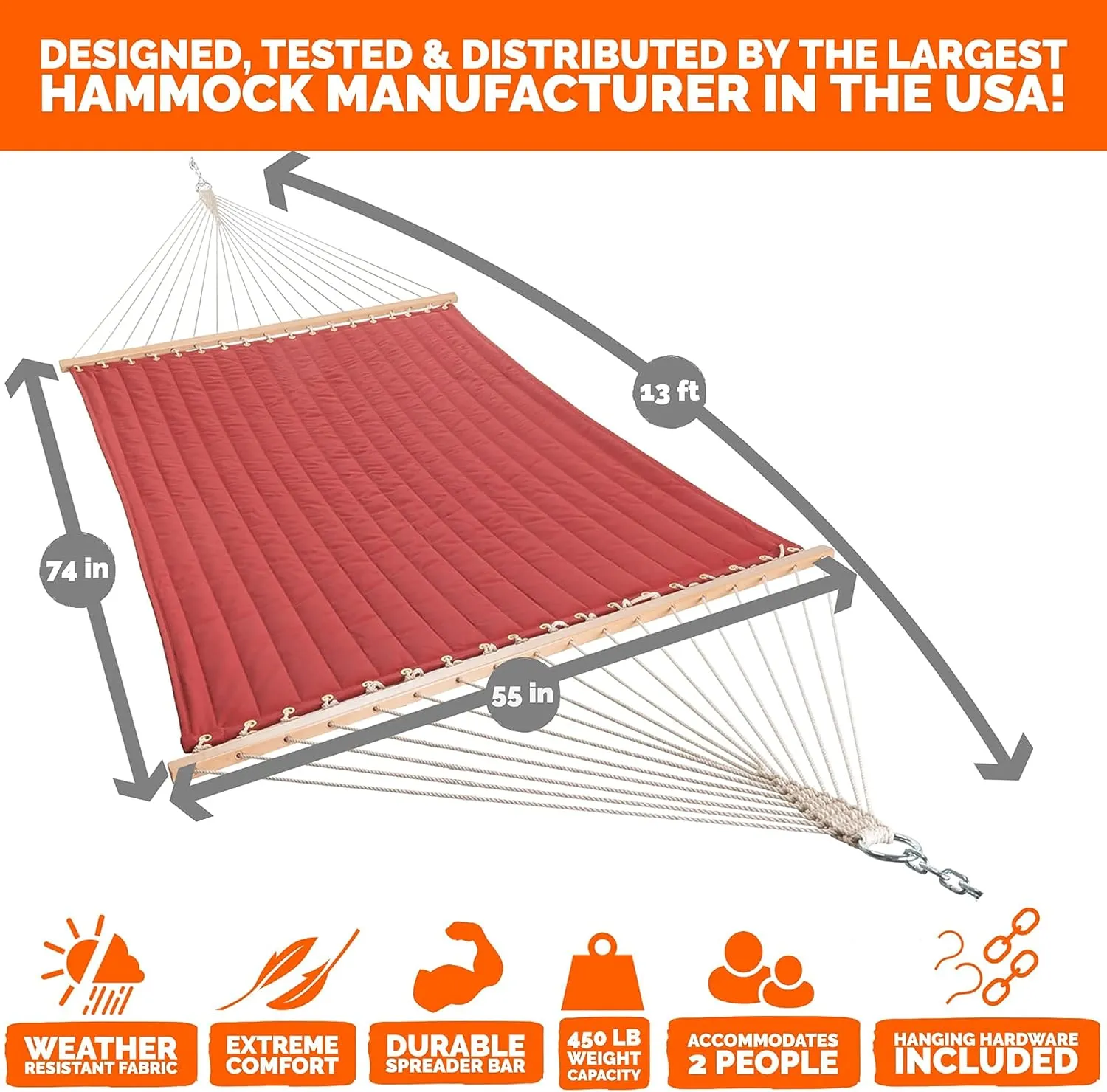 Castaway Living Large 13 ft. Red Polyester Quilted Hammock with Free Extension Chains & Tree Hooks, Designed in The USA, Accommodates Two People with a Weight Limit of 450 lbs.