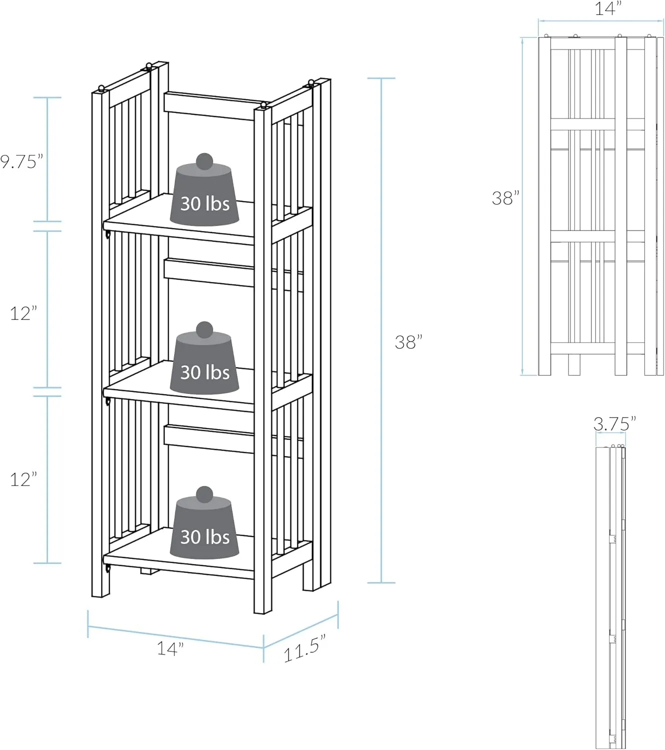Casual Home 3-Shelf Folding Bookcase, 14" Wide, Slate Gray