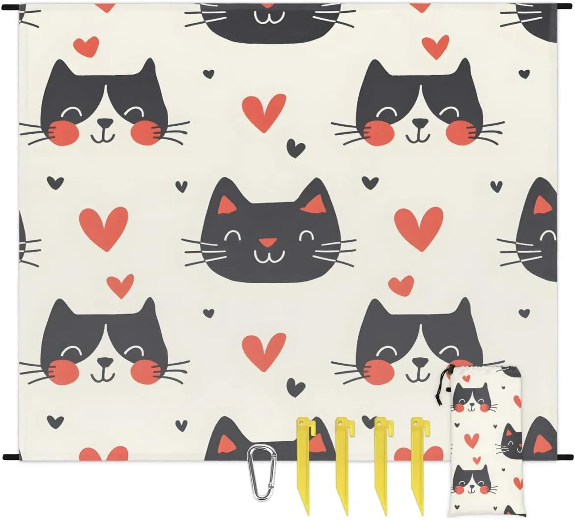 Cat Beach Blanket, Sandproof Beach Mat, 68 x 59 Waterproof Quick Drying Sand Free Mat with 4 x Ground Spikes for Outdoor Travel Camping Hiking, Cartoon Animal Funny
