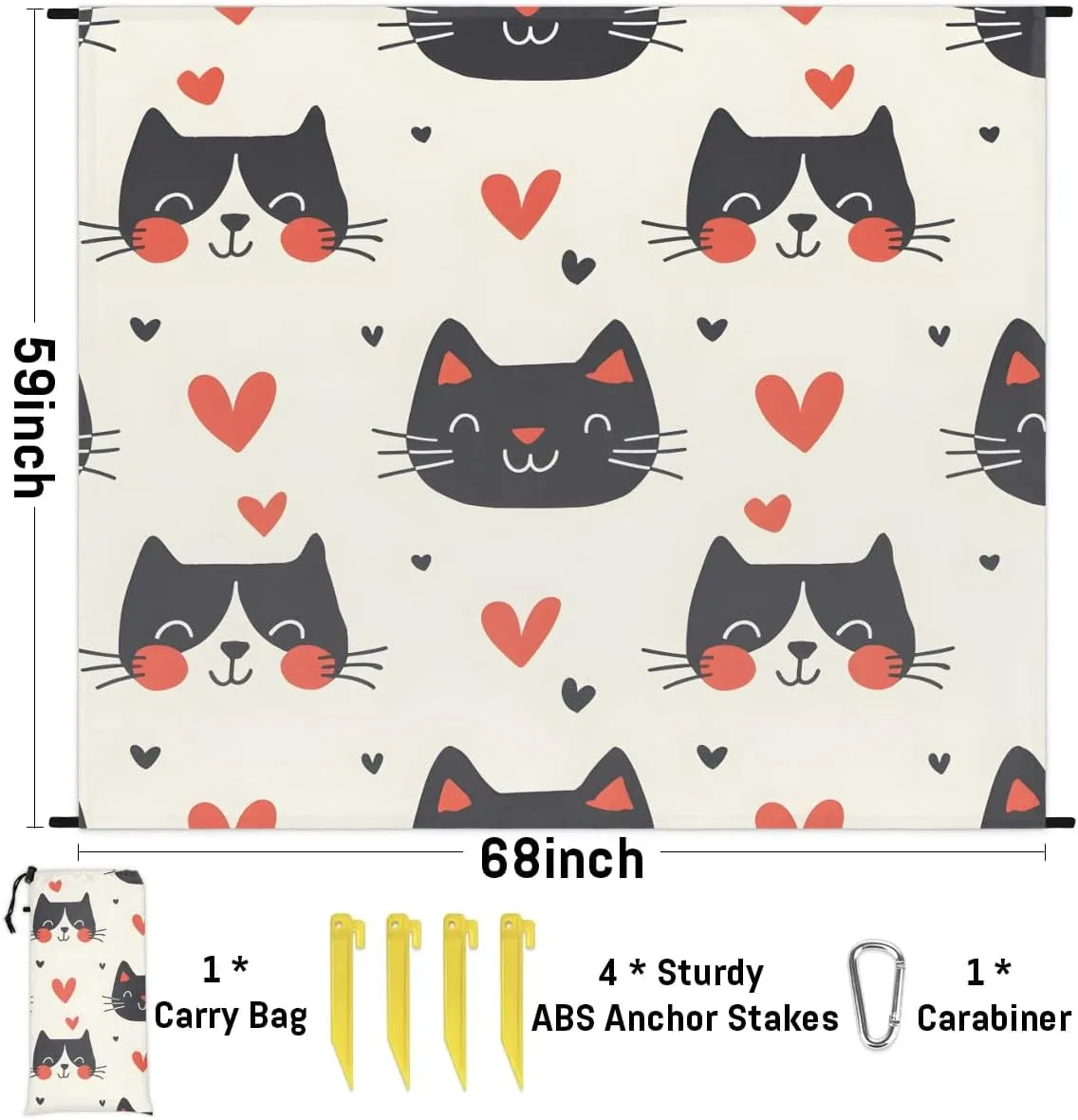 Cat Beach Blanket, Sandproof Beach Mat, 68 x 59 Waterproof Quick Drying Sand Free Mat with 4 x Ground Spikes for Outdoor Travel Camping Hiking, Cartoon Animal Funny