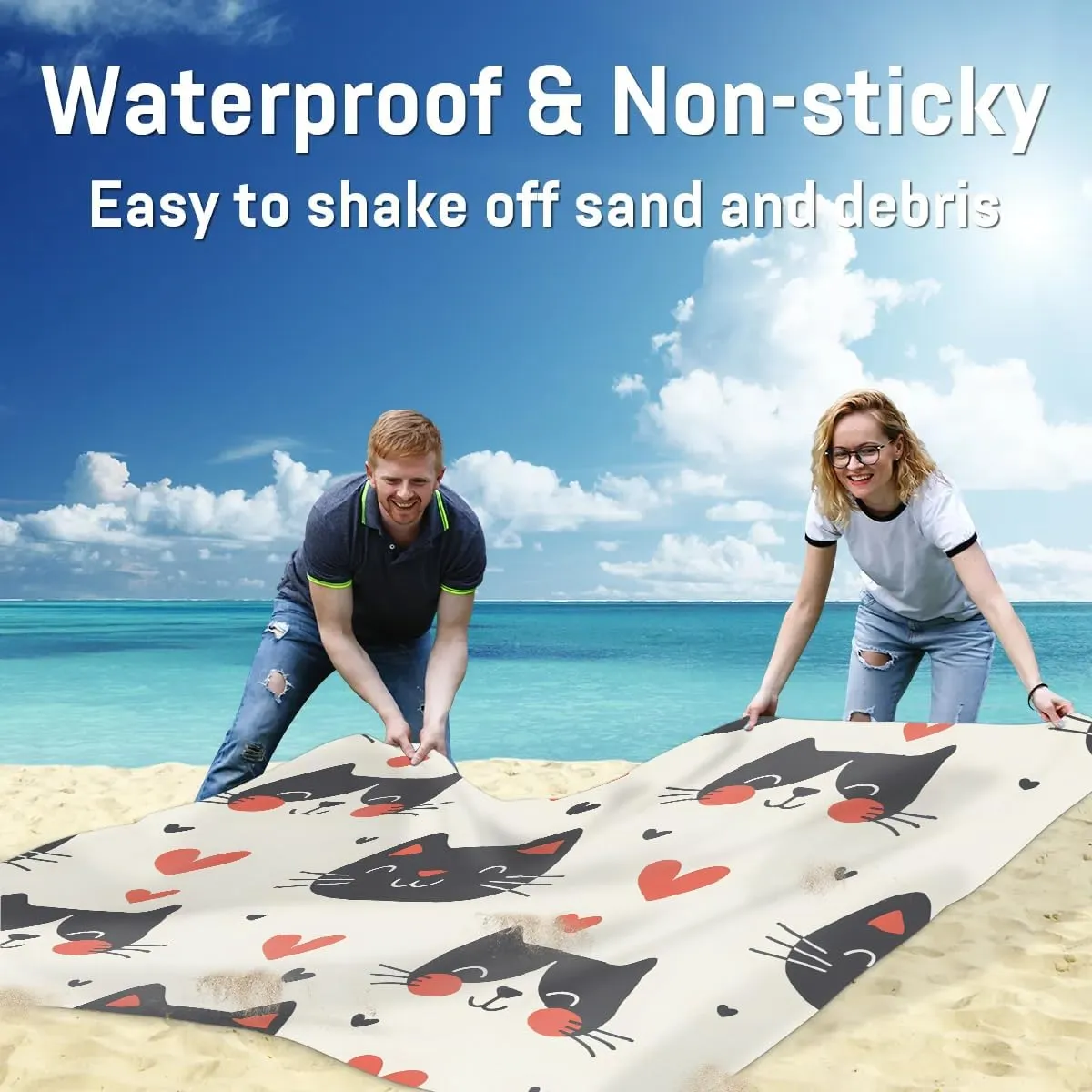 Cat Beach Blanket, Sandproof Beach Mat, 68 x 59 Waterproof Quick Drying Sand Free Mat with 4 x Ground Spikes for Outdoor Travel Camping Hiking, Cartoon Animal Funny