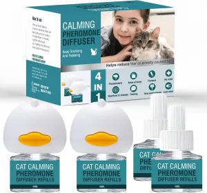 Cat Calming Diffuser 4 in 1 Multicat Calming Pheromones Diffusers Relief Stress Anxiety Fighting Scratching 60 Days Calm Relaxing Pheromone for Cats kit 48ml Refill Fits All Common Diffuser Plug In