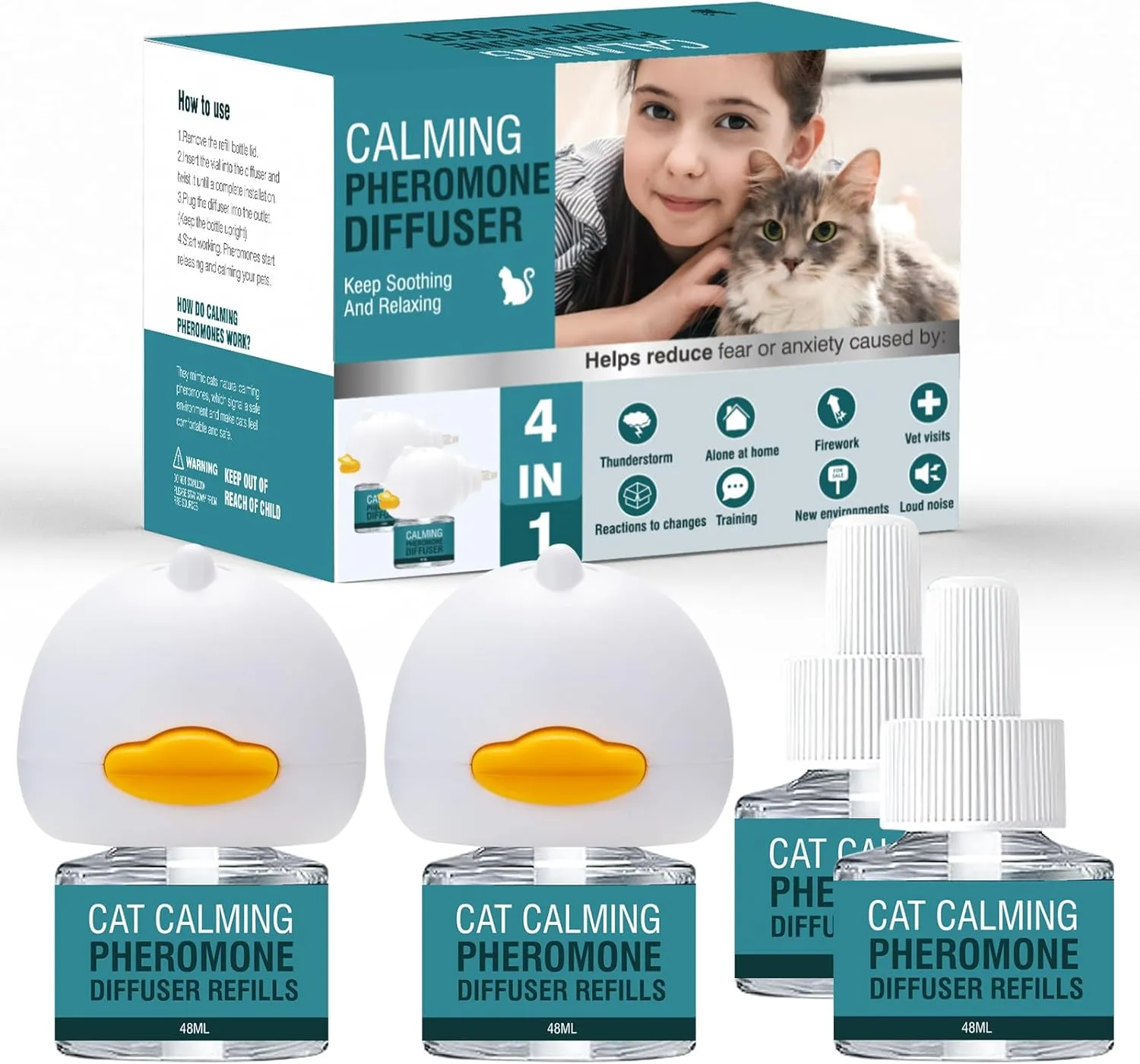 Cat Calming Diffuser 4 in 1 Multicat Calming Pheromones Diffusers Relief Stress Anxiety Fighting Scratching 60 Days Calm Relaxing Pheromone for Cats kit 48ml Refill Fits All Common Diffuser Plug In