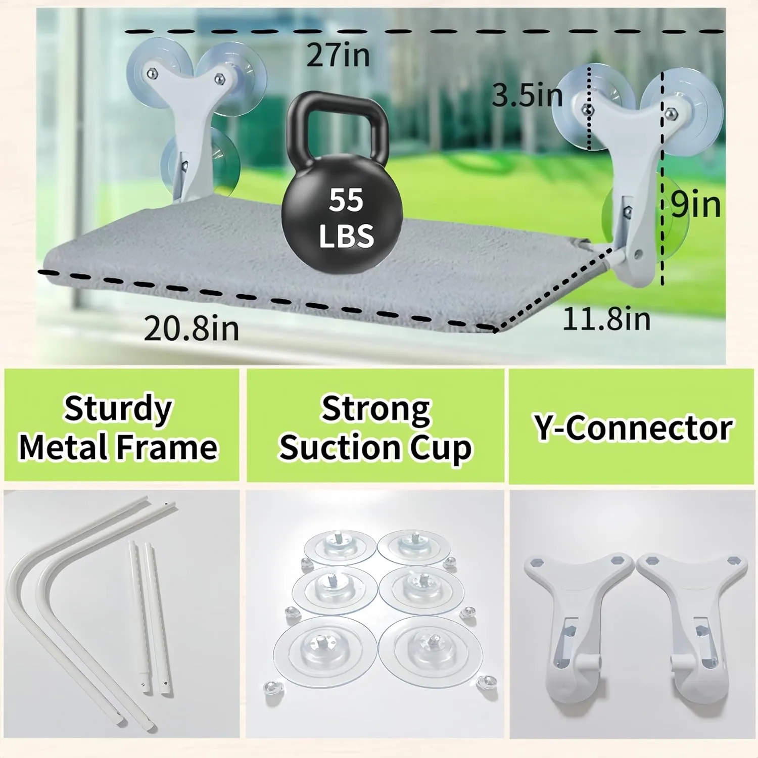Cat Window Perch with 6 Strong Suction Cups,Indoor Folding Cats' Hammock,Cat Window Bed,Thickened Metal Frame Holds 55 Lbs,Dual-Sided Washable Mat Suitable for All Four Seasons, (Gray, Medium)