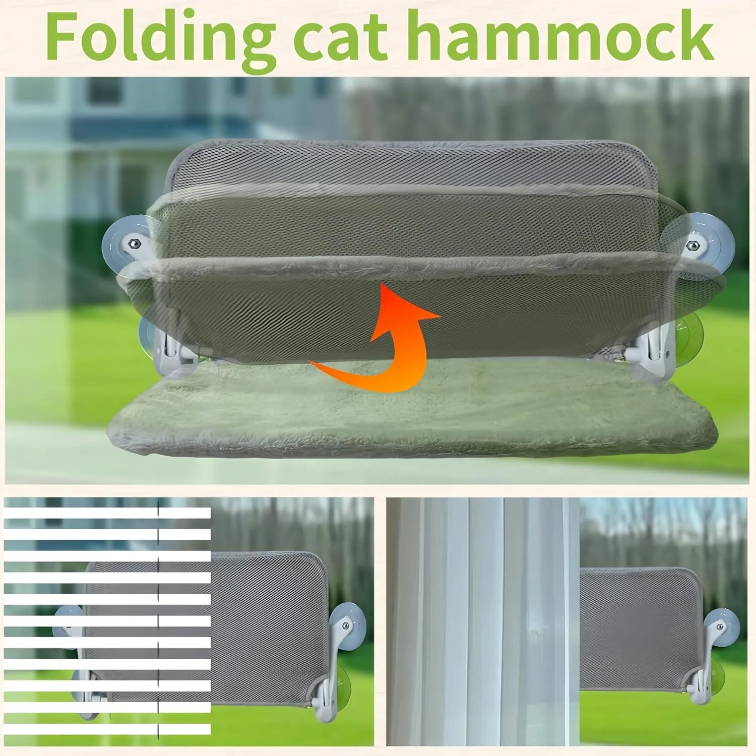 Cat Window Perch with 6 Strong Suction Cups,Indoor Folding Cats' Hammock,Cat Window Bed,Thickened Metal Frame Holds 55 Lbs,Dual-Sided Washable Mat Suitable for All Four Seasons, (Gray, Medium)