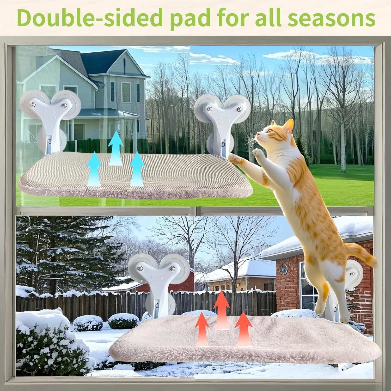 Cat Window Perch with 6 Strong Suction Cups,Indoor Folding Cats' Hammock,Cat Window Bed,Thickened Metal Frame Holds 55 Lbs,Dual-Sided Washable Mat Suitable for All Four Seasons, (Gray, Medium)