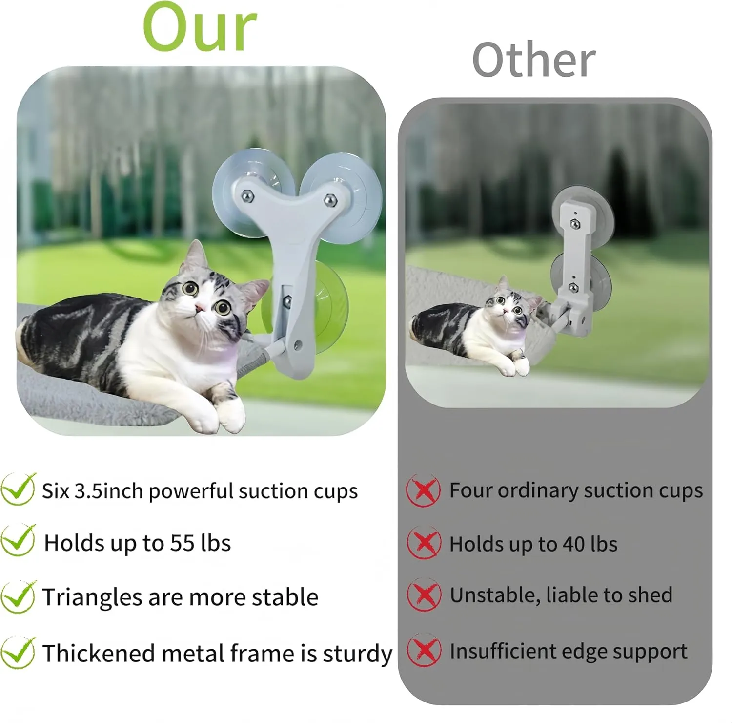 Cat Window Perch with 6 Strong Suction Cups,Indoor Folding Cats' Hammock,Cat Window Bed,Thickened Metal Frame Holds 55 Lbs,Dual-Sided Washable Mat Suitable for All Four Seasons, (Gray, Medium)