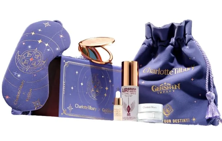 Charlotte Tilbury X Genshin Impact STARFELL TREASURE - Limited Edition Kit (Water Cream 15ml, Setting Spray 34ml, Serum Crystal Elixir Deluxe Sample, Eye Mask, Compact Mirror and Small Pouch)