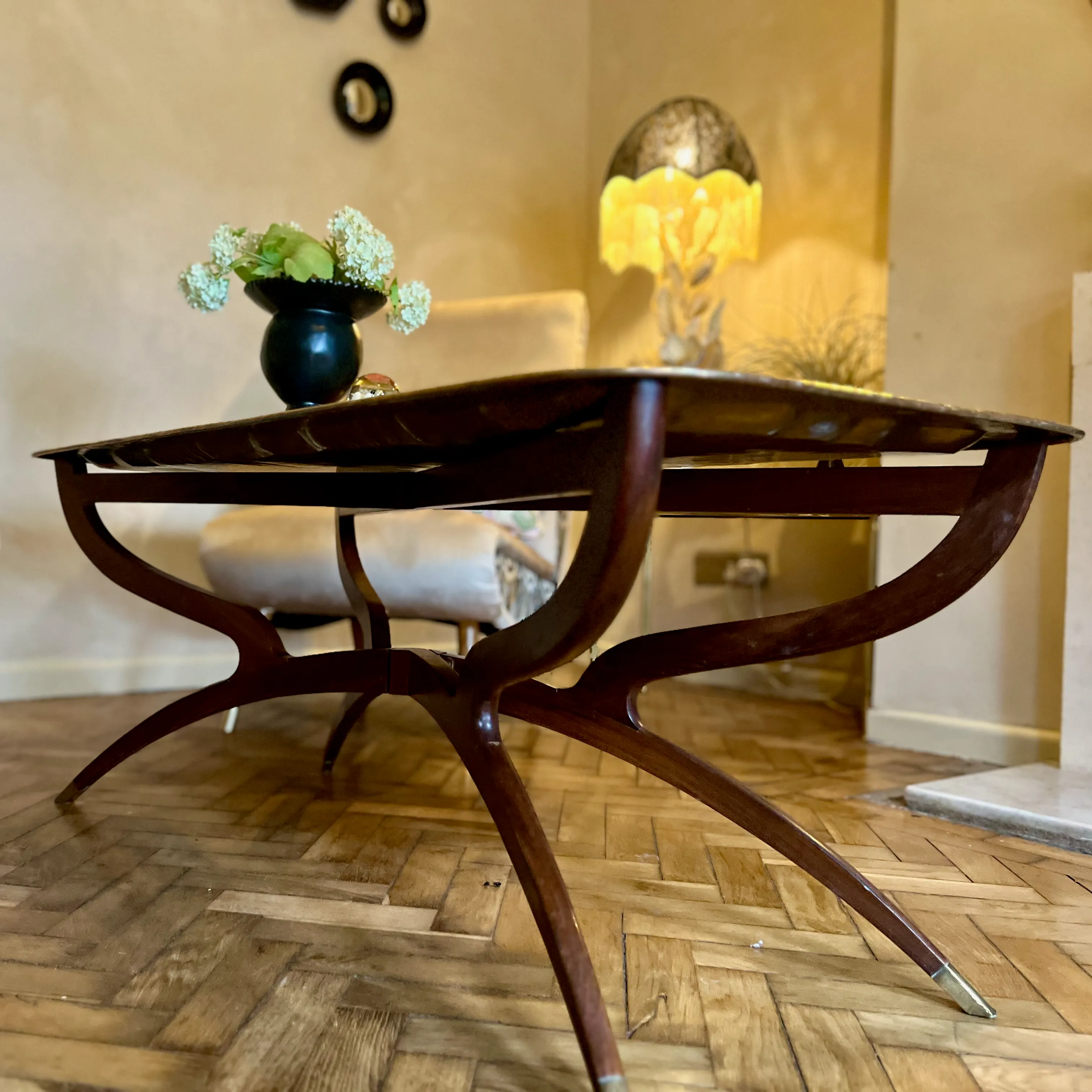 Charming Mid Century Coffee Table Brass Tray & Teak Legs