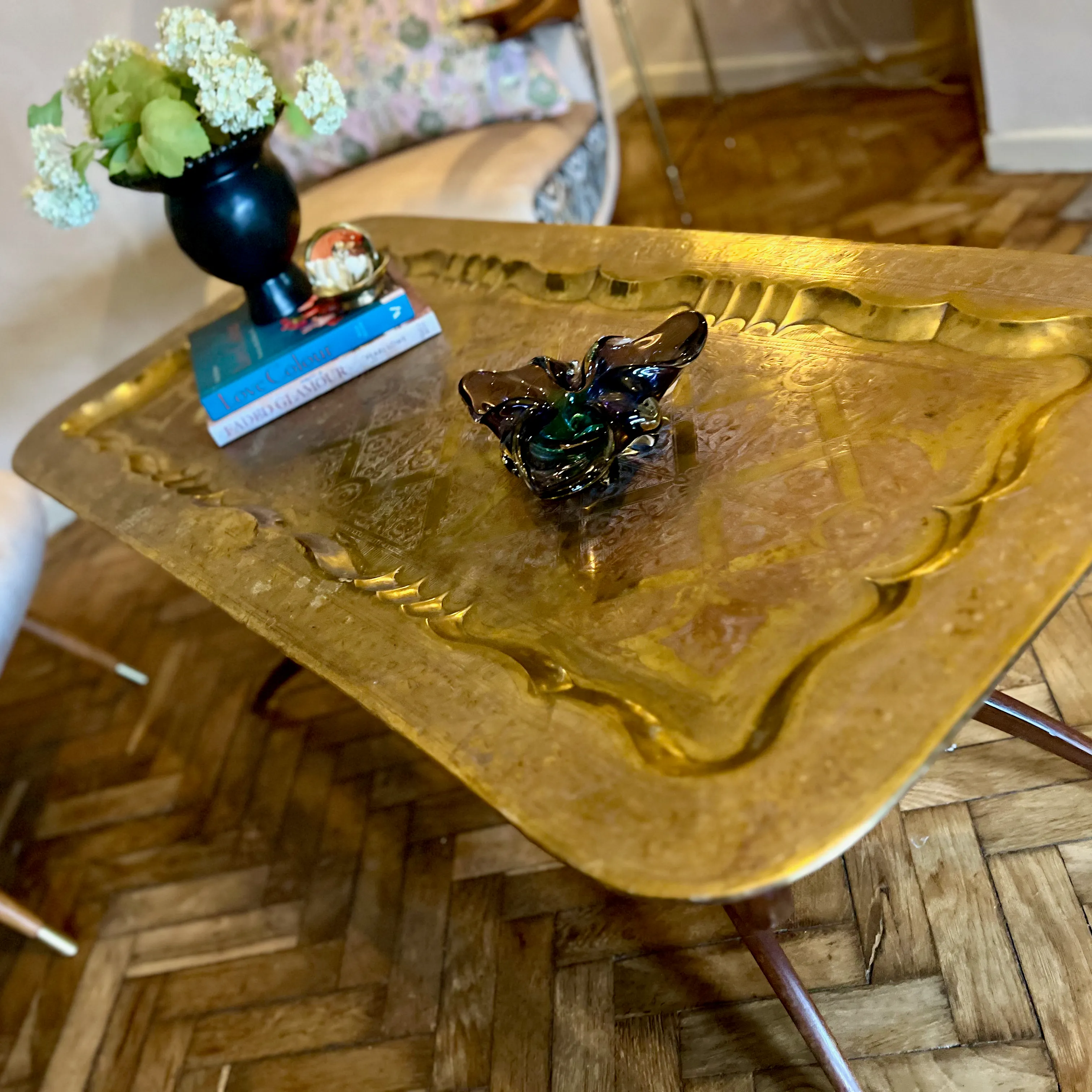 Charming Mid Century Coffee Table Brass Tray & Teak Legs