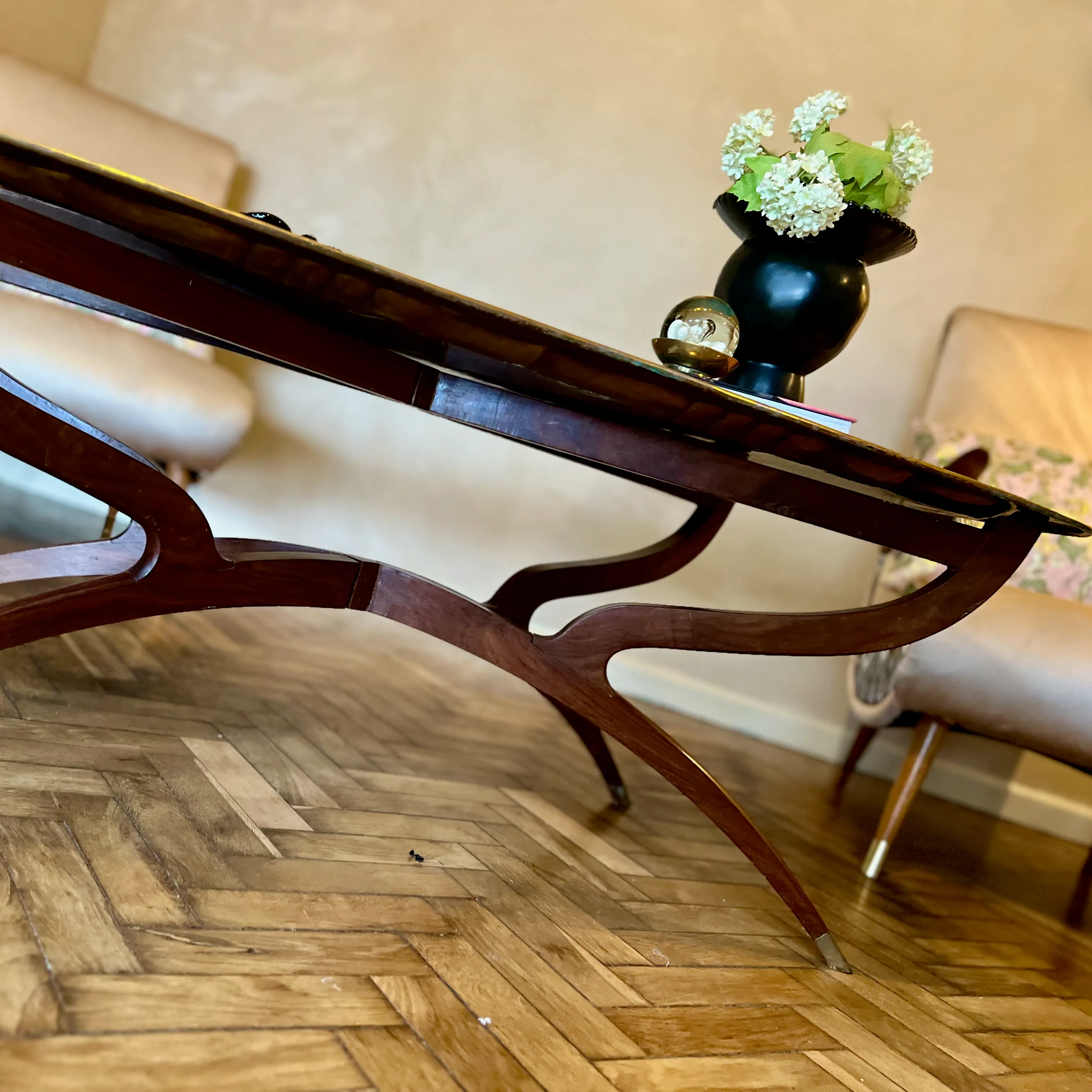 Charming Mid Century Coffee Table Brass Tray & Teak Legs