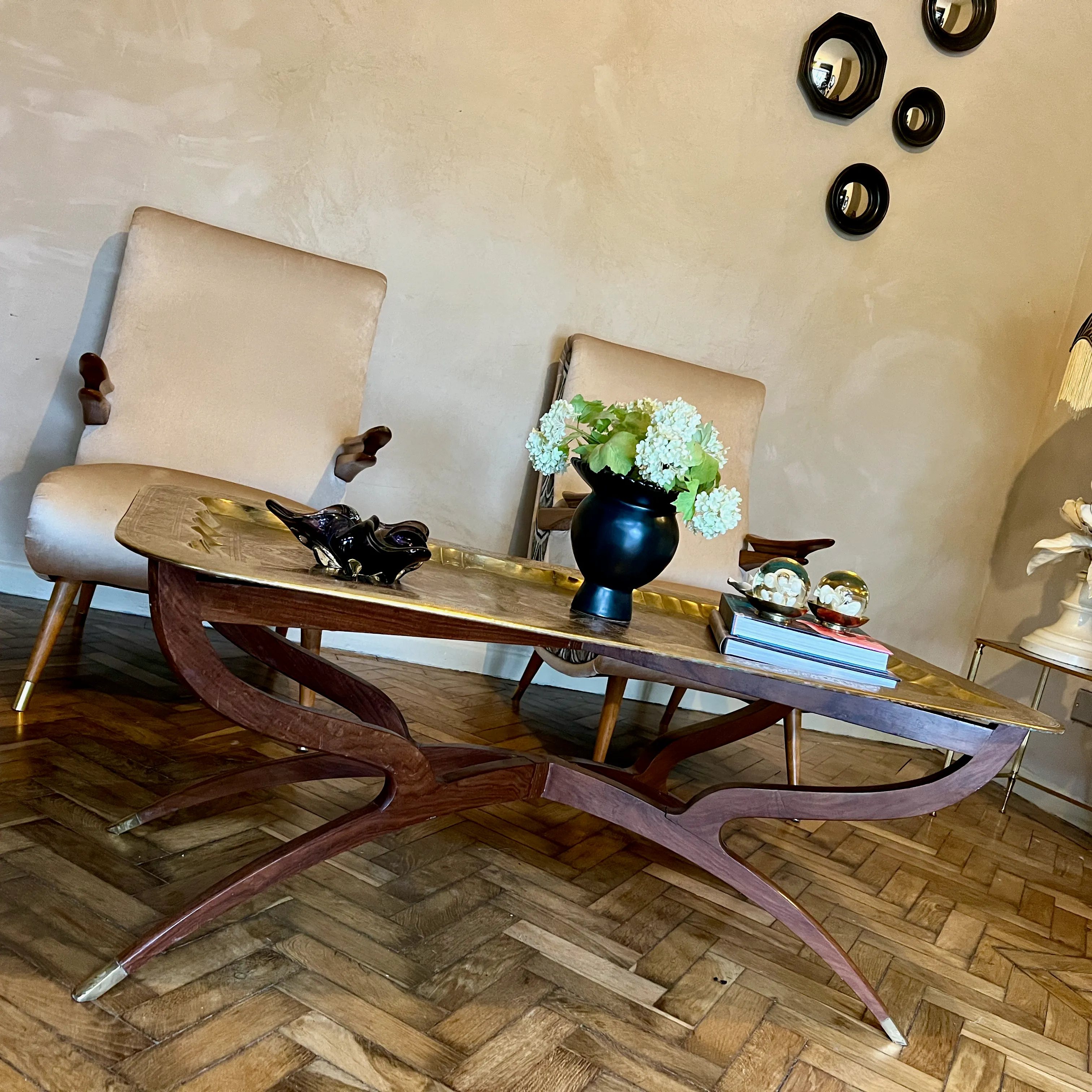 Charming Mid Century Coffee Table Brass Tray & Teak Legs