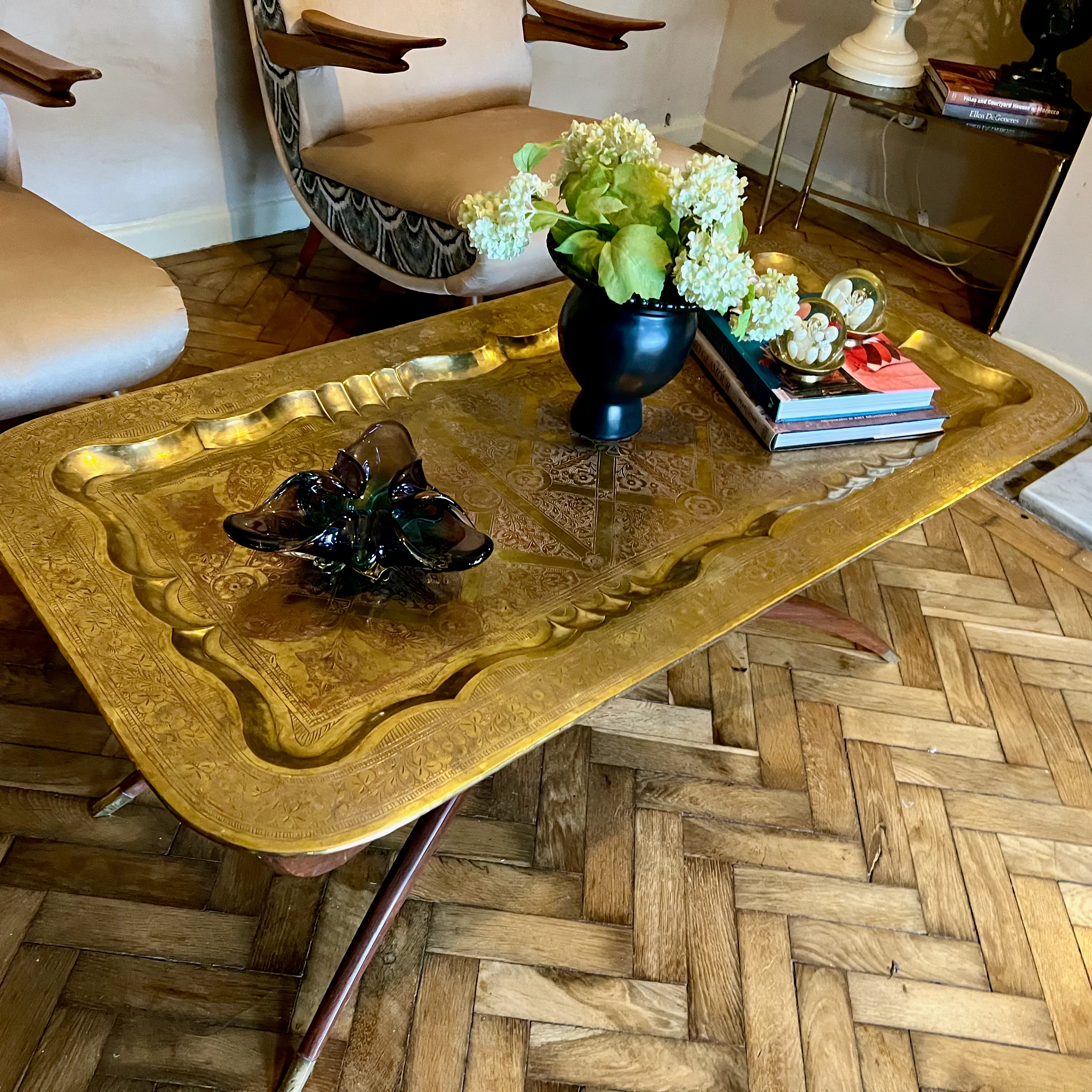 Charming Mid Century Coffee Table Brass Tray & Teak Legs