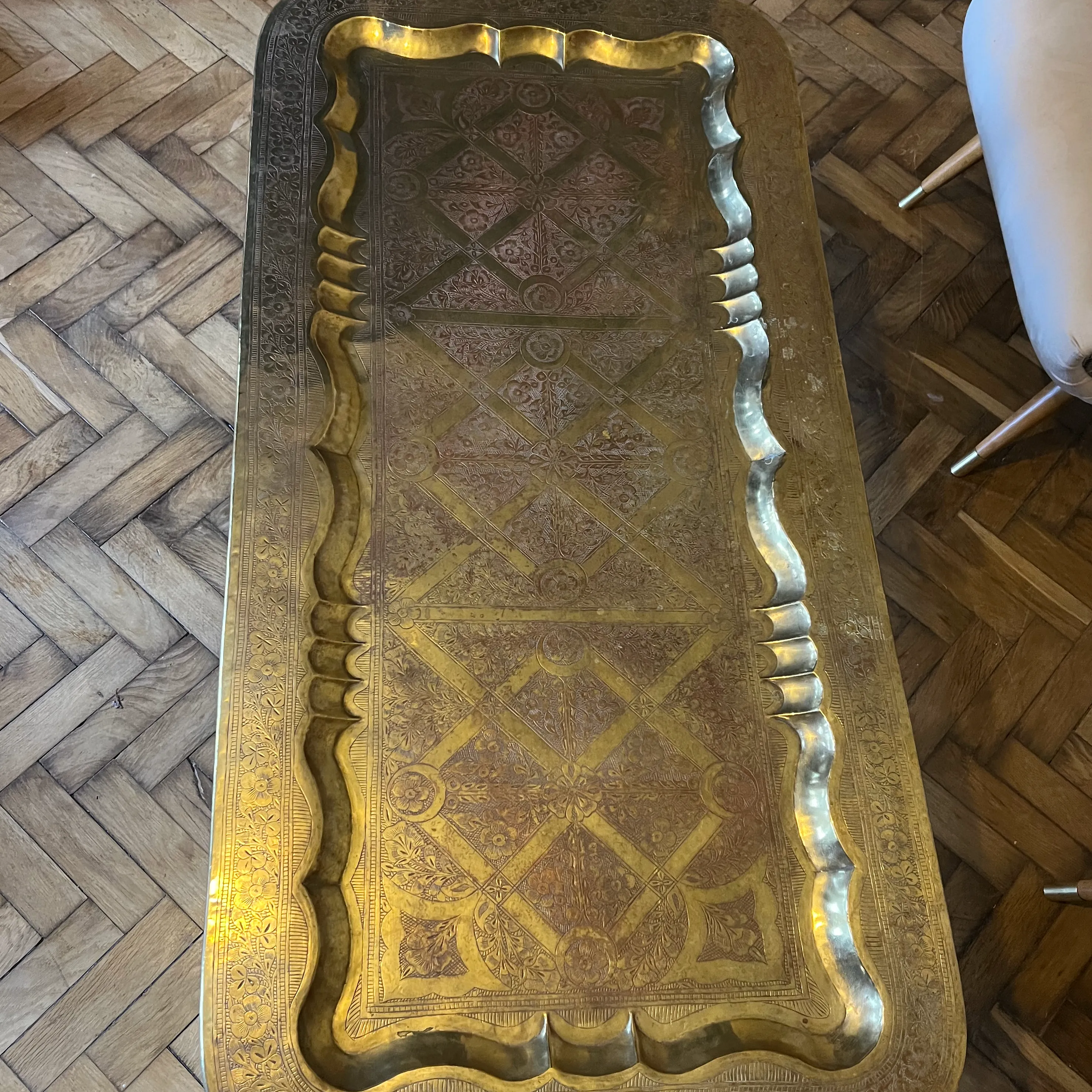 Charming Mid Century Coffee Table Brass Tray & Teak Legs