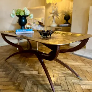 Charming Mid Century Coffee Table Brass Tray & Teak Legs