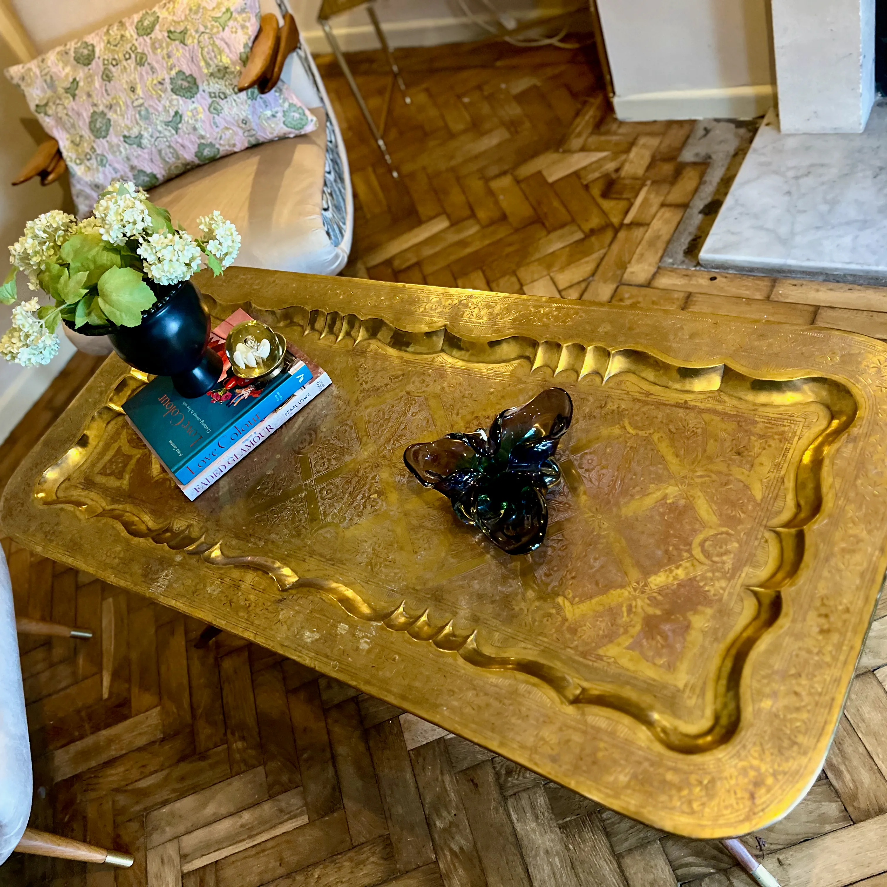 Charming Mid Century Coffee Table Brass Tray & Teak Legs